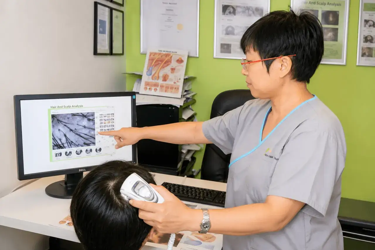 &Auml;rztin erkl&auml;rt auf Bildschirm, wie man Haarausfall stoppen kann. Analyse von Kopfhaut und Haarwurzeln.