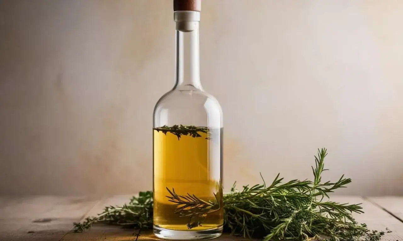 Flasche mit Kr&auml;uter-Infusion, ideal zum **bitter selber machen**. Frischer Rosmarin und Thymian daneben.