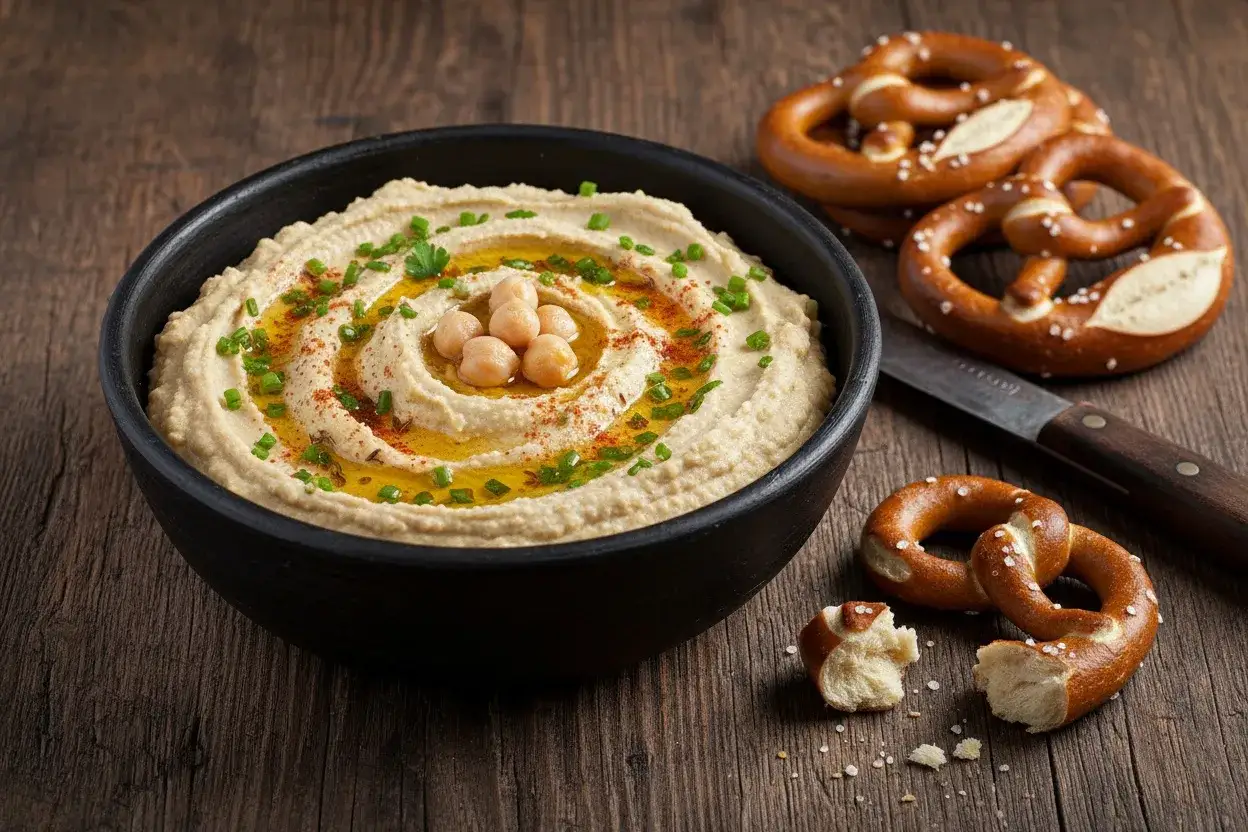 Herzhafte Brotaufstriche selber machen: Cremiger Hummus mit Kichererbsen, Olivenöl und Paprikapulver, serviert mit Brezeln auf Holzuntergrund.
