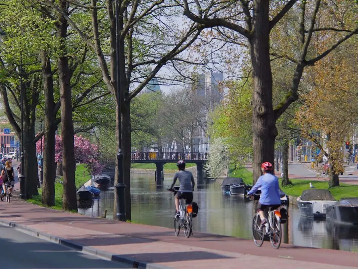Two cyclists enjoy a scenic canal-side path, a perfect scene for Netherlands bike trips.