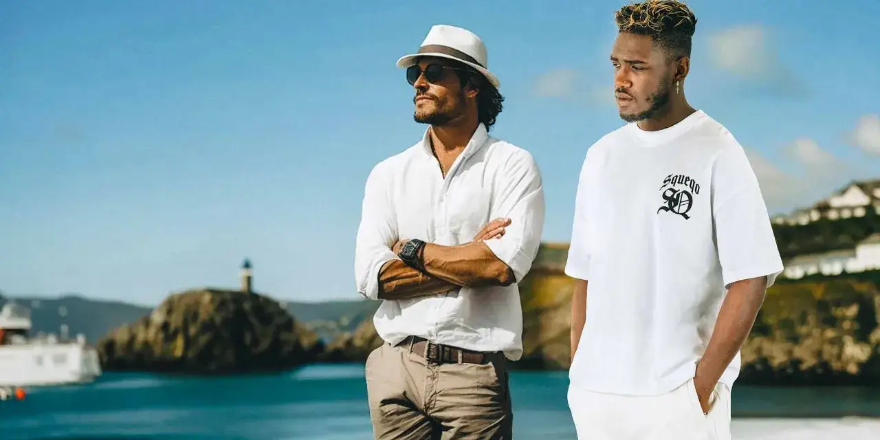 Zwei M&auml;nner am Meer, perfekt gekleidet, um bei 30 Grad stilvoll auszusehen: Leinenhemd, Chinos und ein l&auml;ssiges T-Shirt.