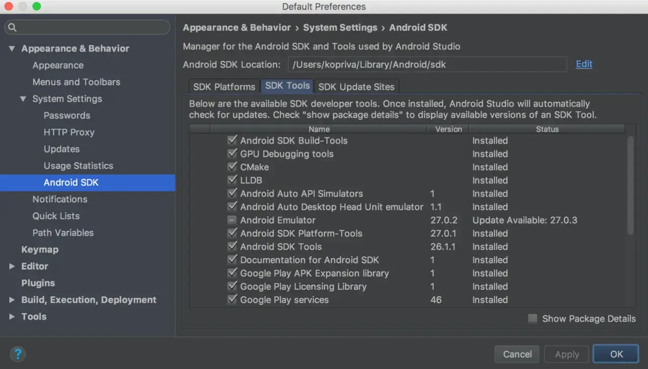 Ustawienia Android SDK w Android Studio. Widok listy zainstalowanych narzędzi, w tym Android SDK Build-Tools.