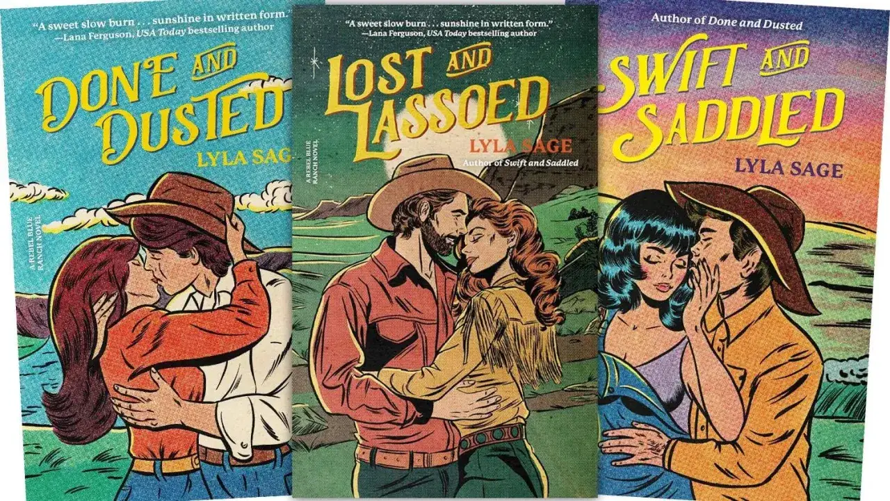 Copertine di libri con storie d'amore travolgenti: coppie di cowboy e ragazze si baciano e si sussurrano segreti in ambientazioni rurali.