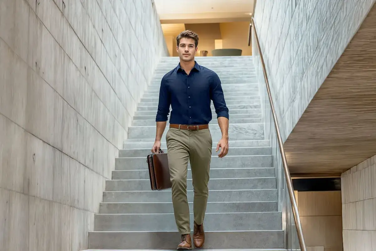 Hombre con atuendo business casual, camisa azul marino, pantalones caqui y maletín de cuero, bajando escaleras modernas.
