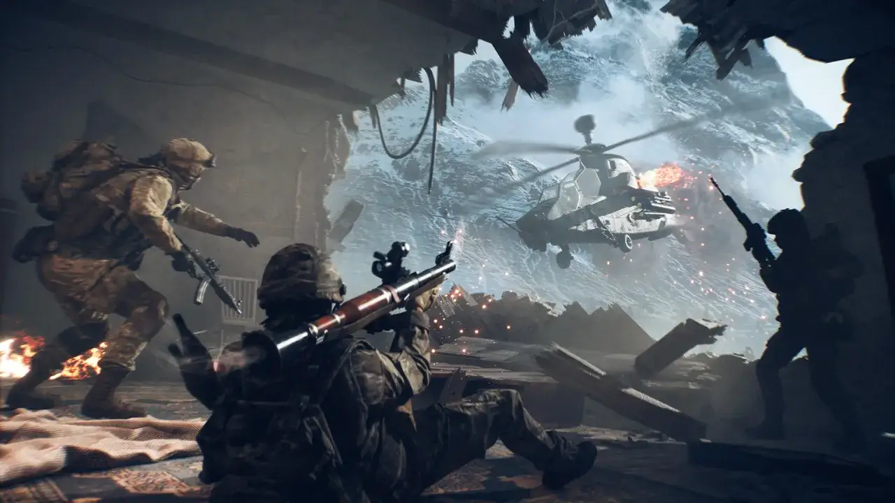 Żołnierze w ruinach ostrzeliwują śmigłowiec. Intensywna akcja z kampanii Battlefield 6.