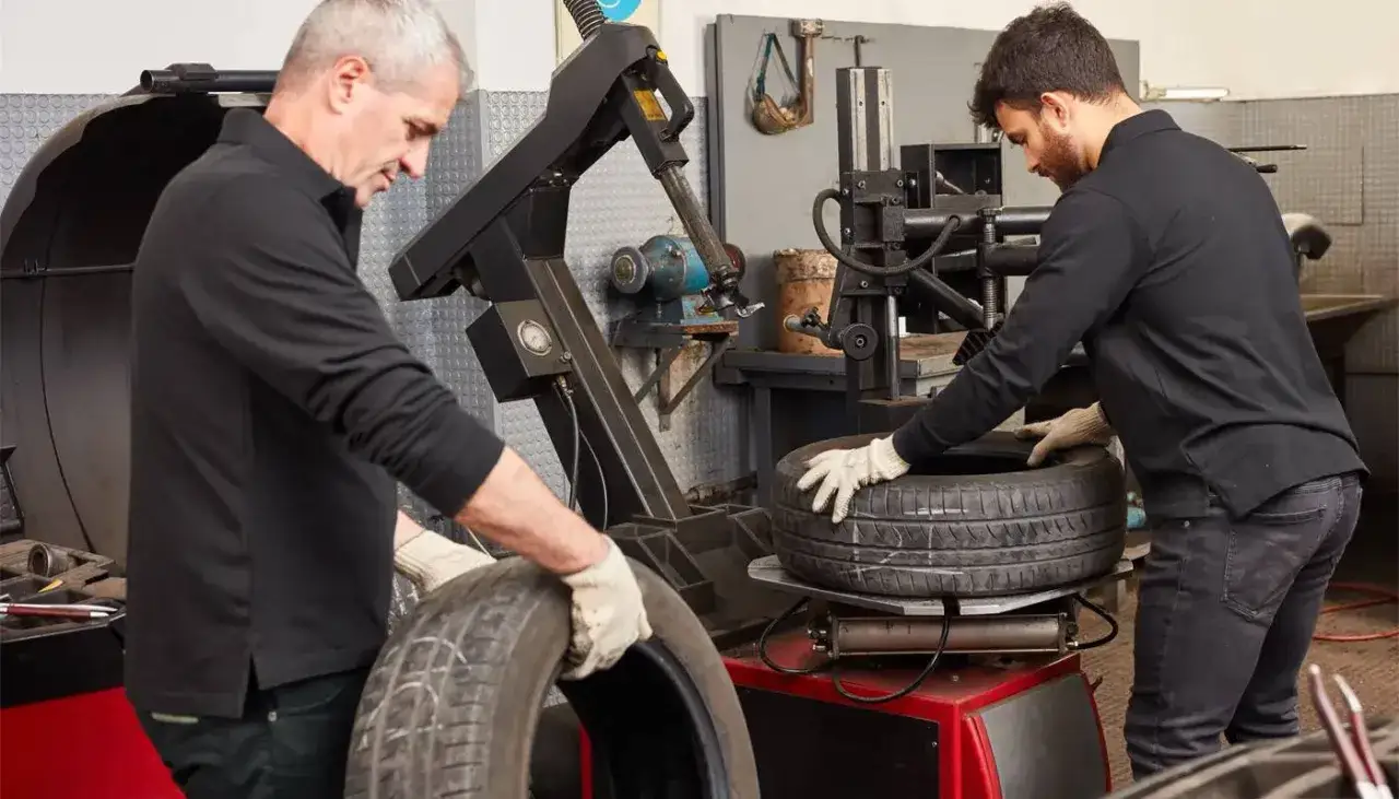 Deux mécaniciens s'affairent à changer ses pneus sur une machine spécialisée dans un atelier.