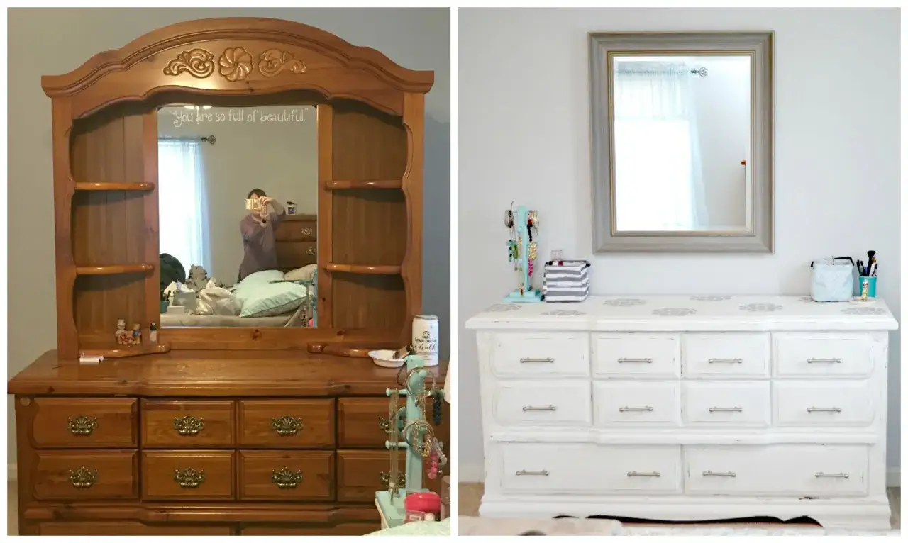 Com&ograve; in legno trasformato con chalk paint fai da te, ora bianco con decorazioni floreali e nuovi pomelli.