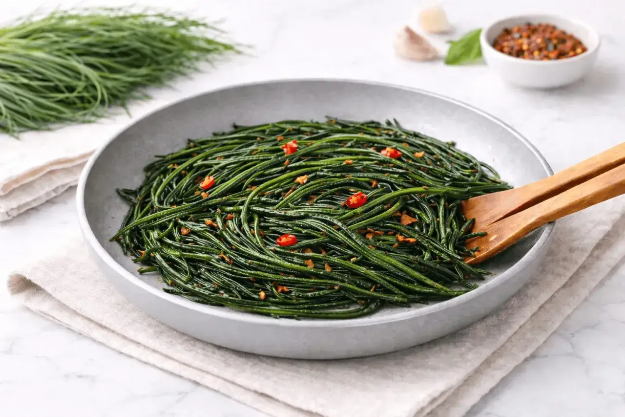 Agretti in padella, saltati con aglio e peperoncino, pronti per essere serviti.