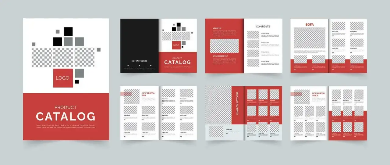 A modern catalog template showcasing product layouts, content pages, and contact information.