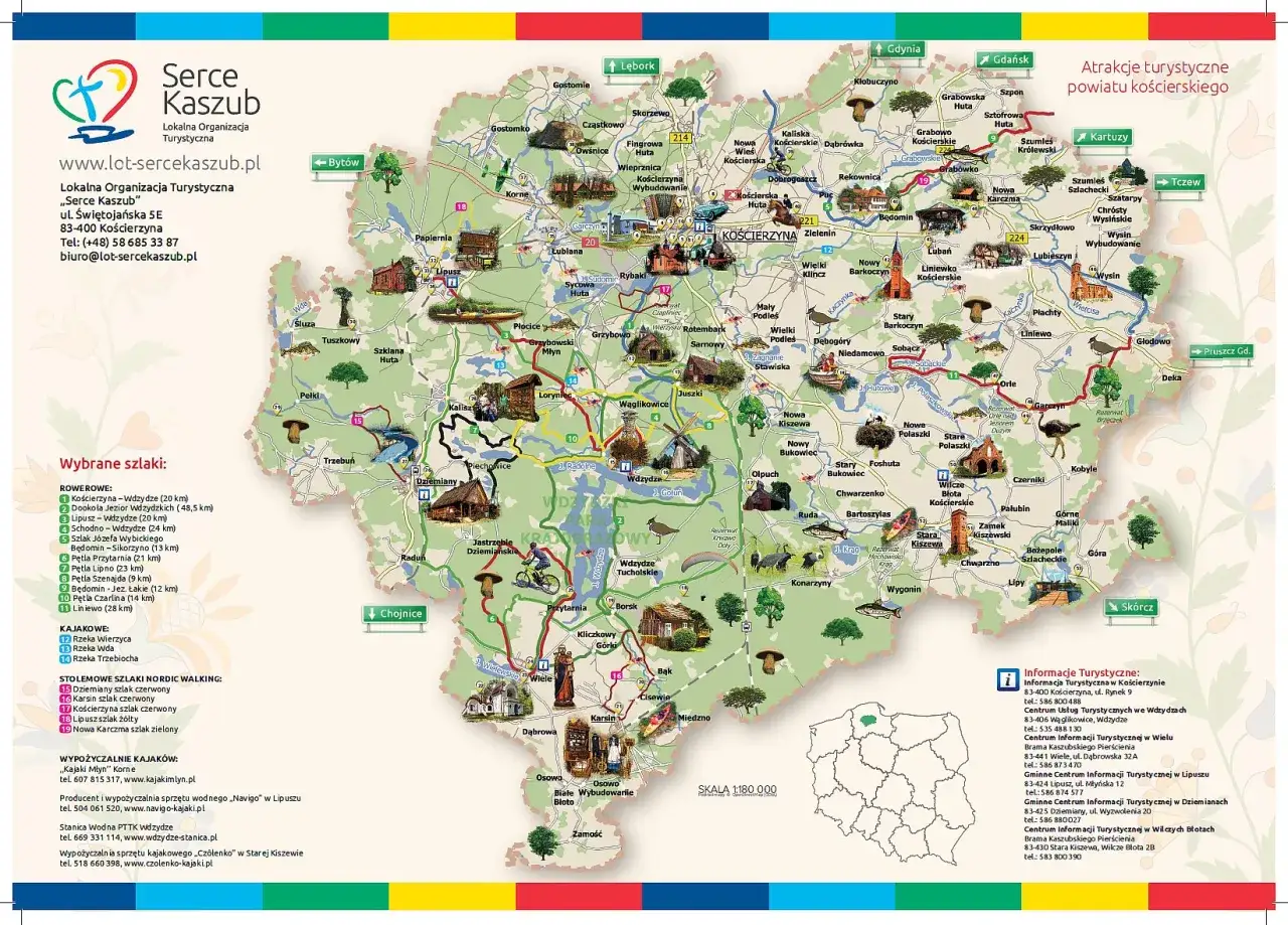 Mapa turystyczna Kaszub z zaznaczonymi szlakami rowerowymi, kajakowymi i pieszymi. Gdzie są Kaszuby? Tutaj!