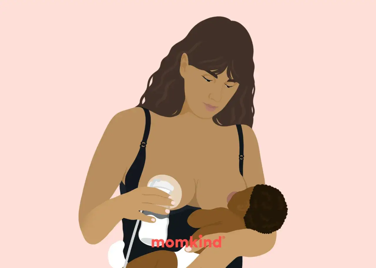 En mamma pumpar br&ouml;stmj&ouml;lk med en pump och h&aring;ller sitt barn. Bilden visar olika amningspositioner.