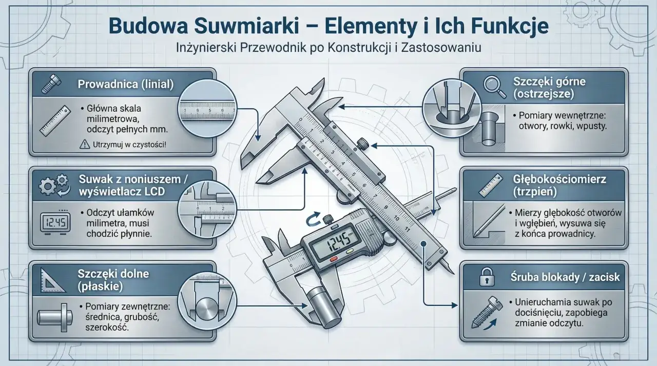 Schemat budowy suwmiarki z opisem elementów: prowadnica, suwak z noniuszem/LCD, szczęki górne i dolne, głębokościomierz i śruba blokady.