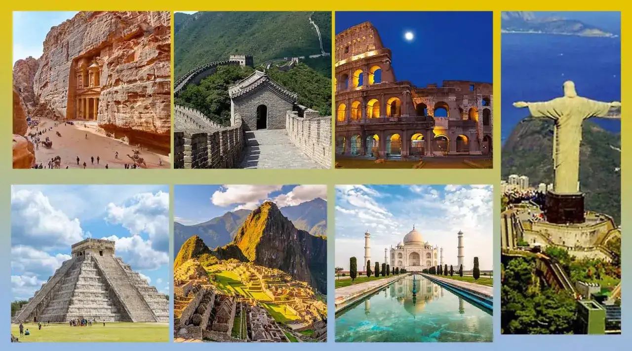 Un viaggio tra le meraviglie del mondo antico e moderno: Petra, Grande Muraglia, Colosseo, Cristo Redentore, Chichén Itzá, Machu Picchu, Taj Mahal.