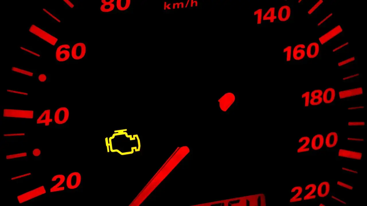 Cruscotto auto con spia motore accesa, indicando possibile perdita potenza motore benzina.