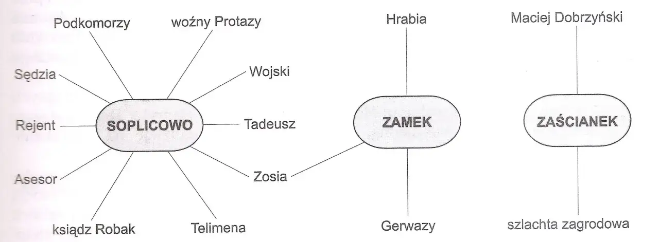 Schemat przedstawia pan tadeusz postacie: Soplicowo (Sędzia, Podkomorzy, Woźny Protazy, Rejent, Asesor, Ksiądz Robak, Telimena, Zosia, Tadeusz), Zamek (Hrabia, Gerwazy) i Zaścianek (Maciej Dobrzyński, szlachta zagrodowa).