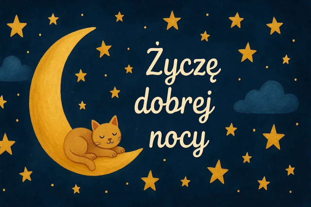 Kot śpi na księżycu, otoczony gwiazdami. Tekst