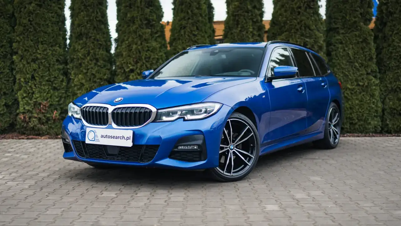 Błękitne BMW 320d xDrive, kombi, stoi na tle zielonych żywotników.