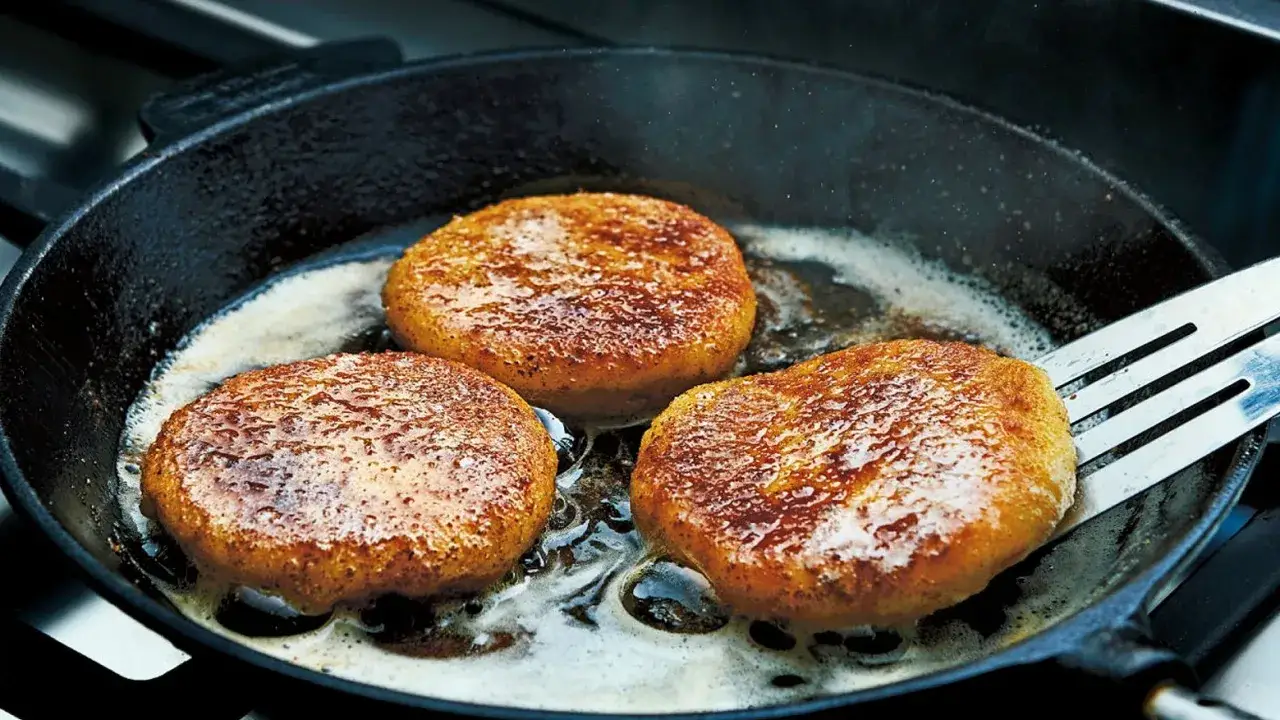 Tre gyllene potatisbullar steks i smör i en gjutjärnspanna. Perfekt för ett klassiskt potatisbullar recept.