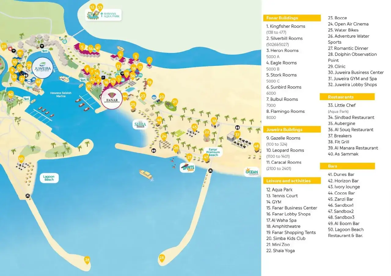 Mapa kurortu z atrakcjami, plażami i budynkami, idealna do planowania wycieczki do Omanu.