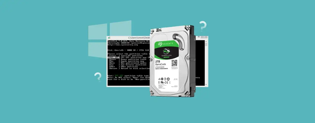 Ein Seagate Barracuda 2TB Festplatten-Rohlaufwerk wird neben einem Terminalfenster mit TestDisk angezeigt, das zur Partitionierung verwendet wird.
