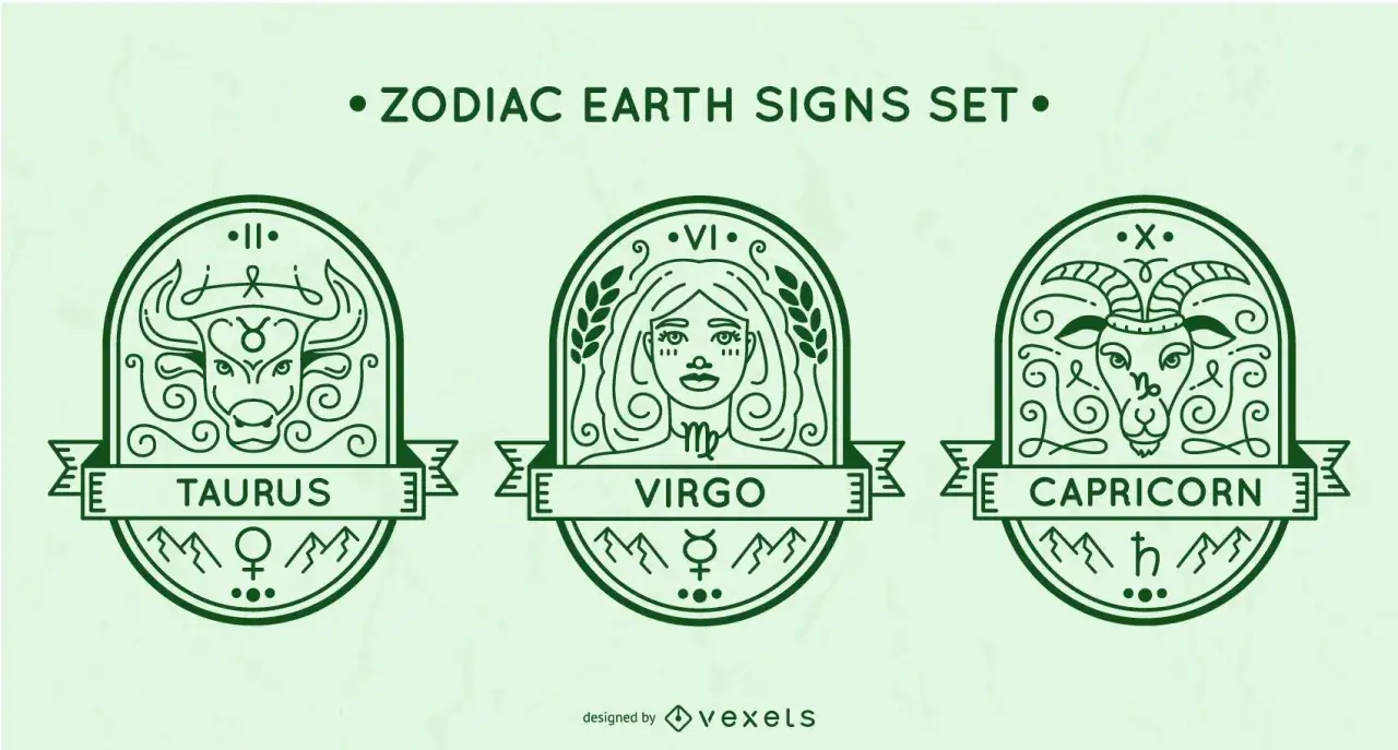 Zestaw trzech znaków zodiaku ziemia: Byk, Panna i Koziorożec, przedstawionych w zielonej, stylizowanej grafice.