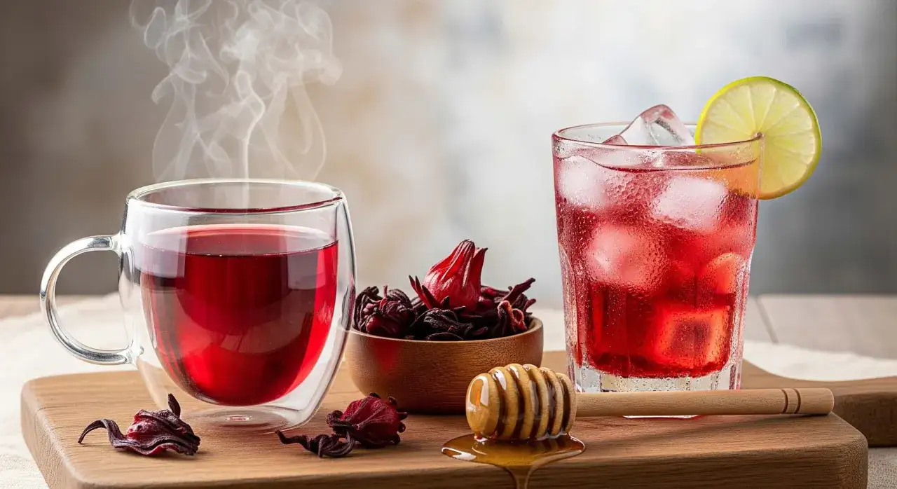 Disfruta de los **agua de jamaica beneficios** en una taza humeante o un vaso refrescante con hielo, acompañado de flores secas y miel.