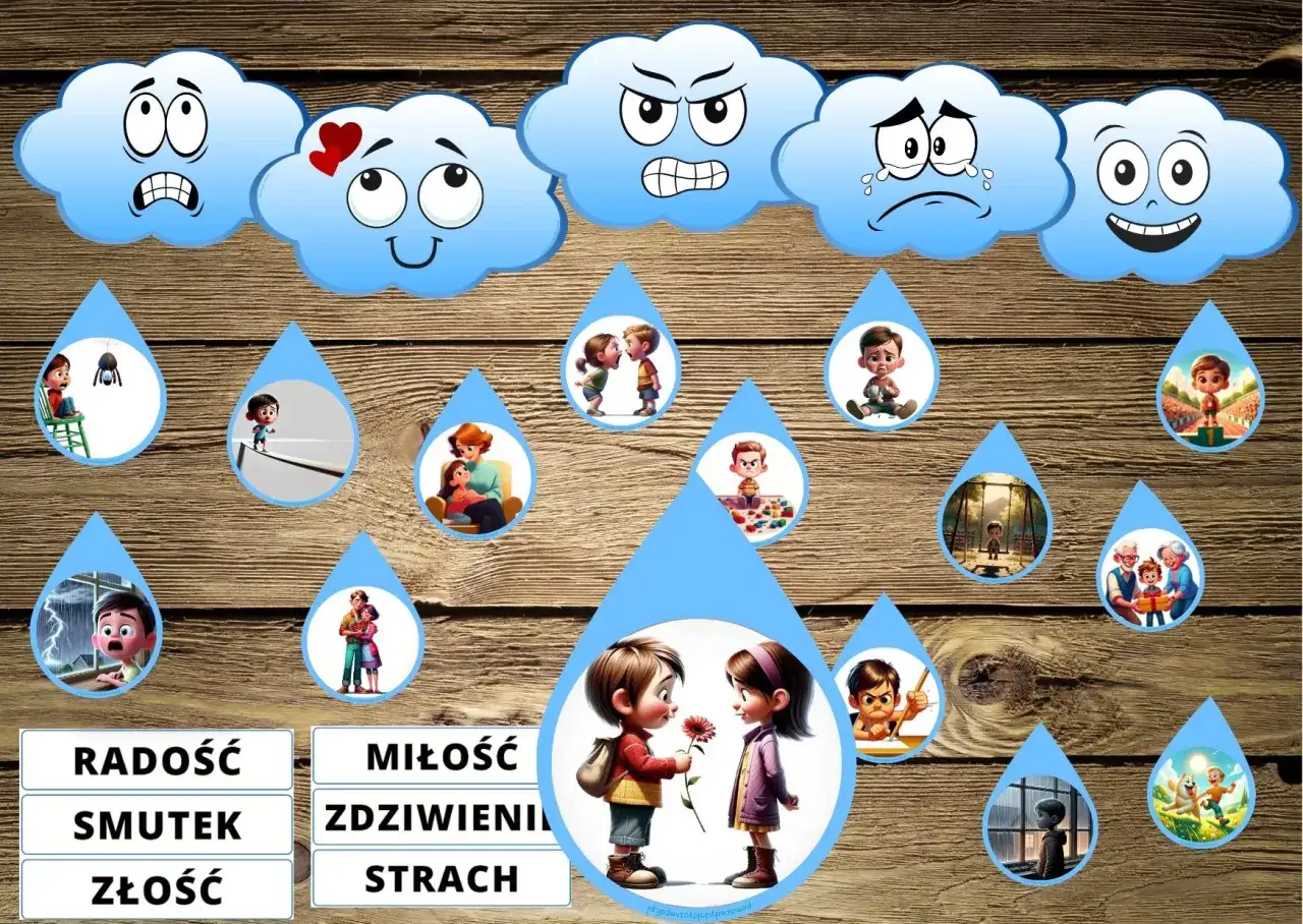 Chmurki z minami i krople z obrazkami pokazują emocje: radość, smutek, złość, miłość, zdziwienie, strach.
