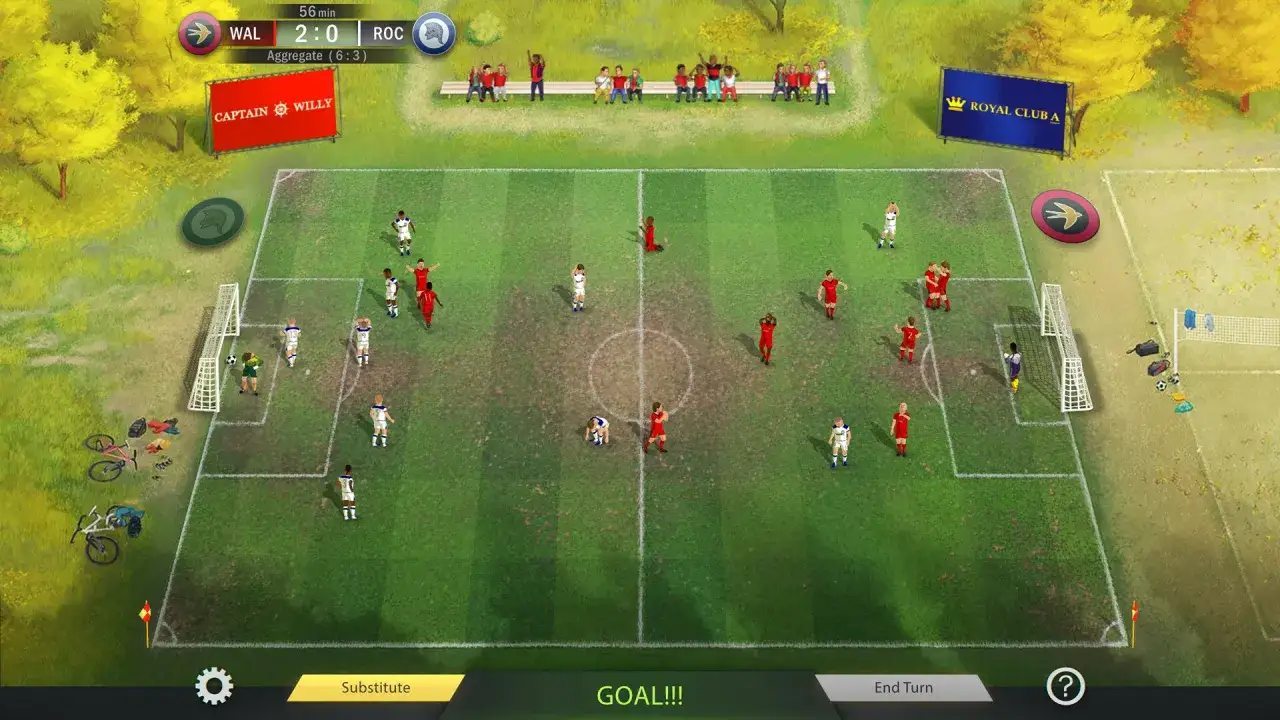 Partido de fútbol en ufl pc. Jugadores en el campo, marcador 2-0. ¡Gol!