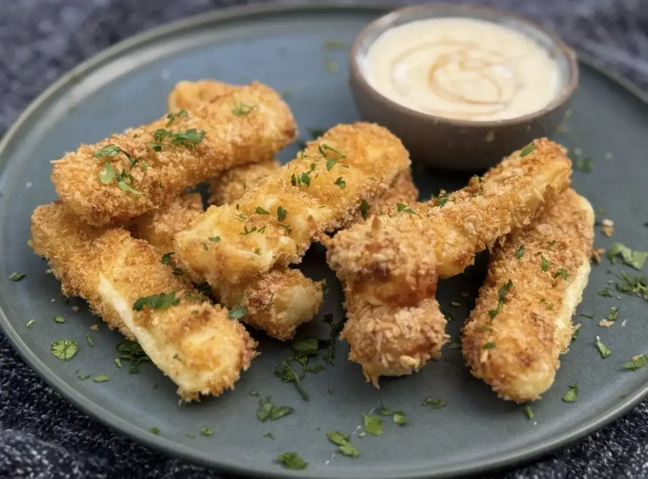Krispiga halloumi fries med persilja, serverade med en kr&auml;mig dipp. Perfekt som tilltugg!