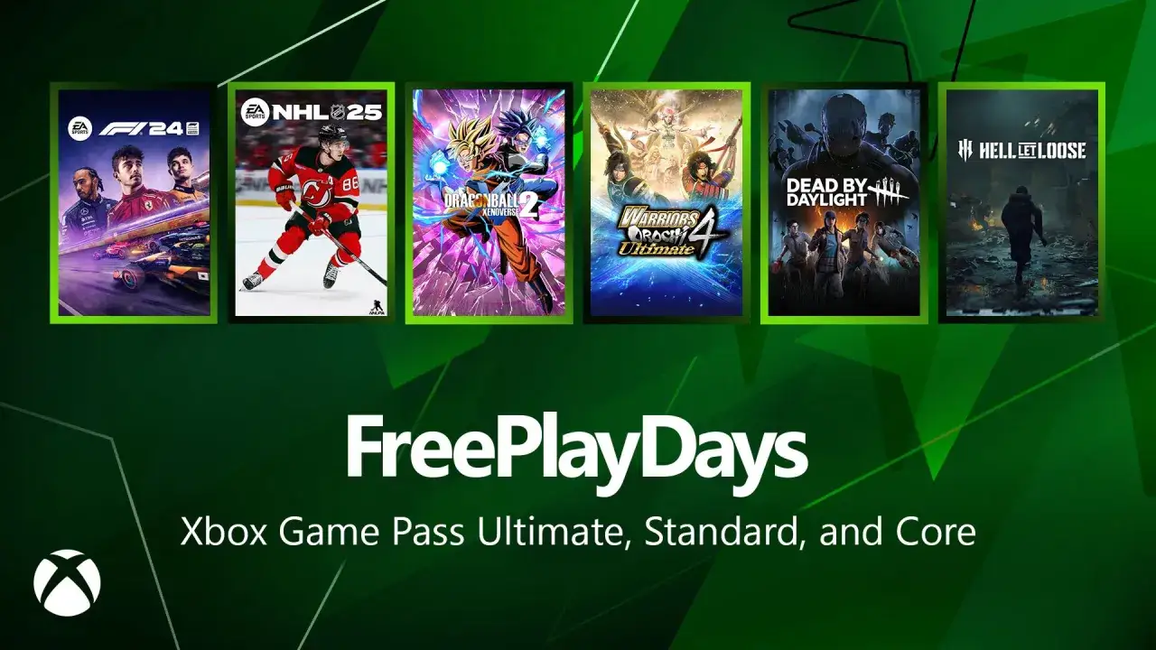 Kolekcja okładek gier: F1 24, NHL 25, Dragon Ball Xenoverse 2, Warriors Orochi 4 Ultimate, Dead by Daylight, Hell Let Loose. Darmowe gry na Xbox One w ramach Free Play Days.