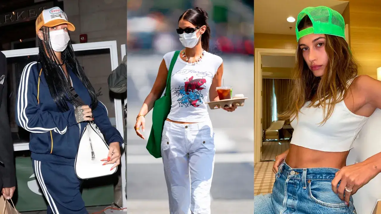 Trzy kobiety w stylu 2yk: Rihanna w dresie i czapce z daszkiem, Bella Hadid z napojem i torbą, Hailey Bieber w topie i jeansach.