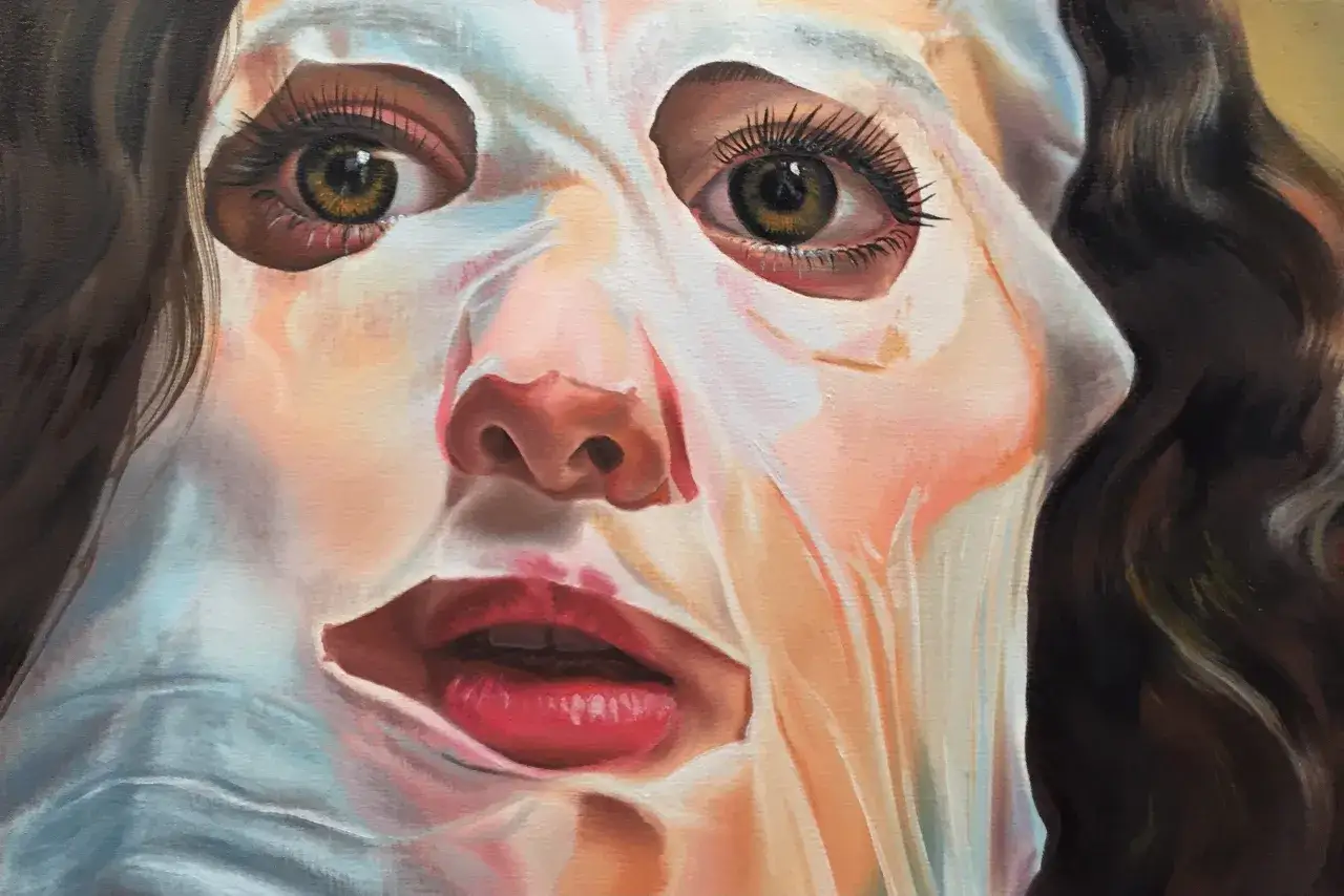 A haunting portrait, reminiscent of artists like Francis Bacon, shows a woman's face distorted by a translucent sheet, her eyes wide with an unsettling gaze.