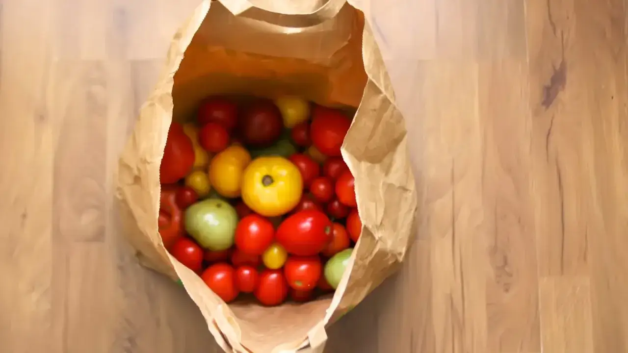 Un sac en papier d&eacute;borde de tomates rouges, jaunes et vertes. Id&eacute;al pour apprendre comment conserver les tomates pour l'hiver.