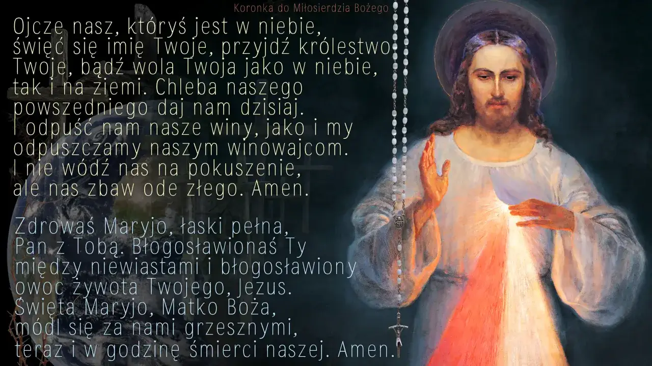 Obraz Jezusa Miłosiernego z podniesionymi dłońmi, emanującego światłem, z różańcem. Modlitwa