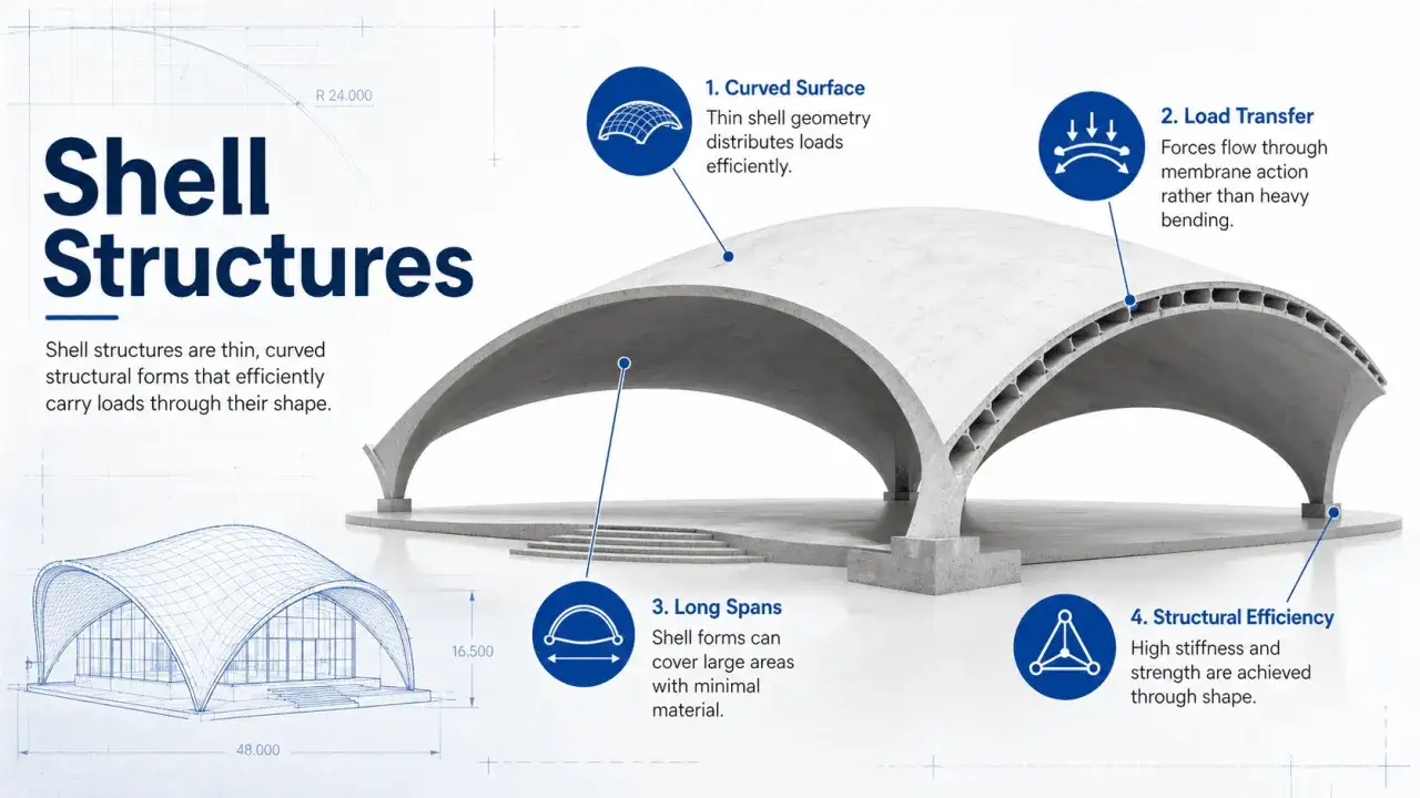 Una estructura de cúpula moderna, con diagramas que explican sus características: superficie curva, transferencia de carga, grandes luces y eficiencia estructural.