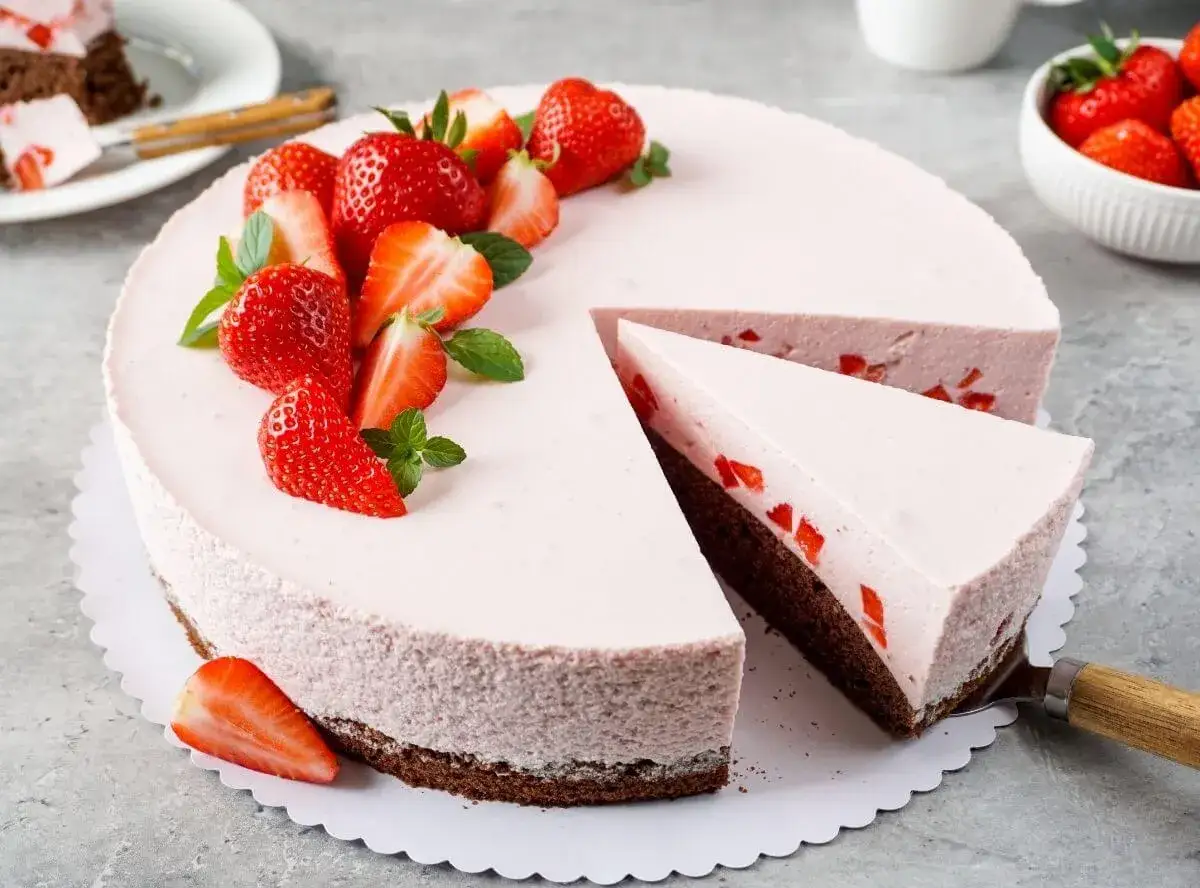 Ein k&ouml;stlicher Erdbeer Schmand Kuchen in Springform, dekoriert mit frischen Erdbeeren und Minze. Ein St&uuml;ck wurde bereits entnommen.