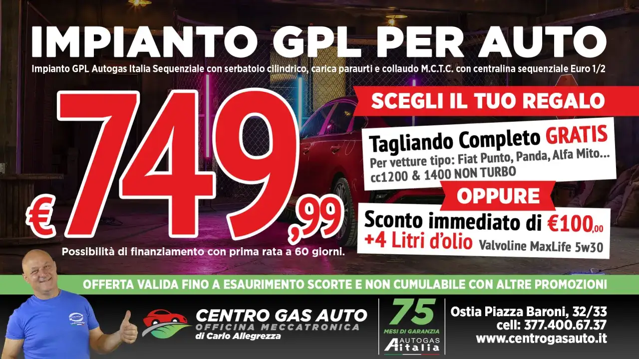 Impianto GPL auto a €749,99 con finanziamento. Scegli tra tagliando completo gratis o sconto immediato di €100 + 4 litri d'olio.