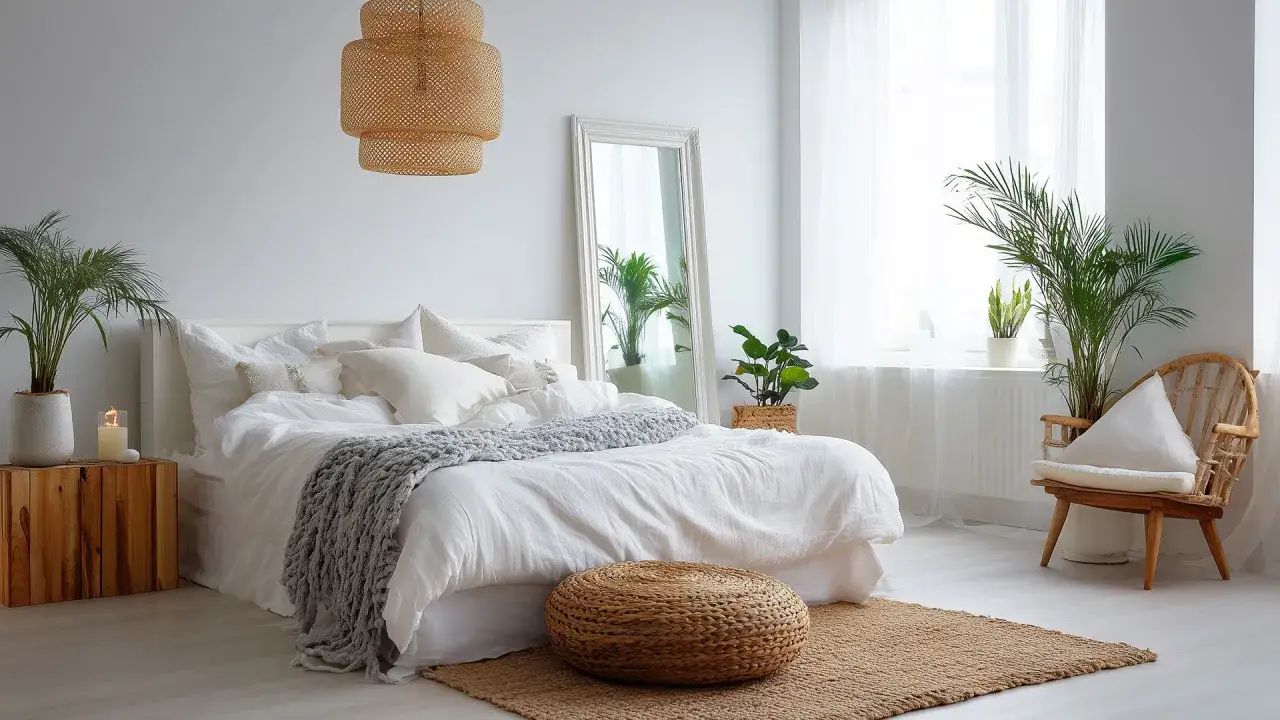 Habitación luminosa con cama blanca, plantas y un espejo. Un rincón acogedor para saber como evitar el polvo en la habitación y disfrutar de la calma.