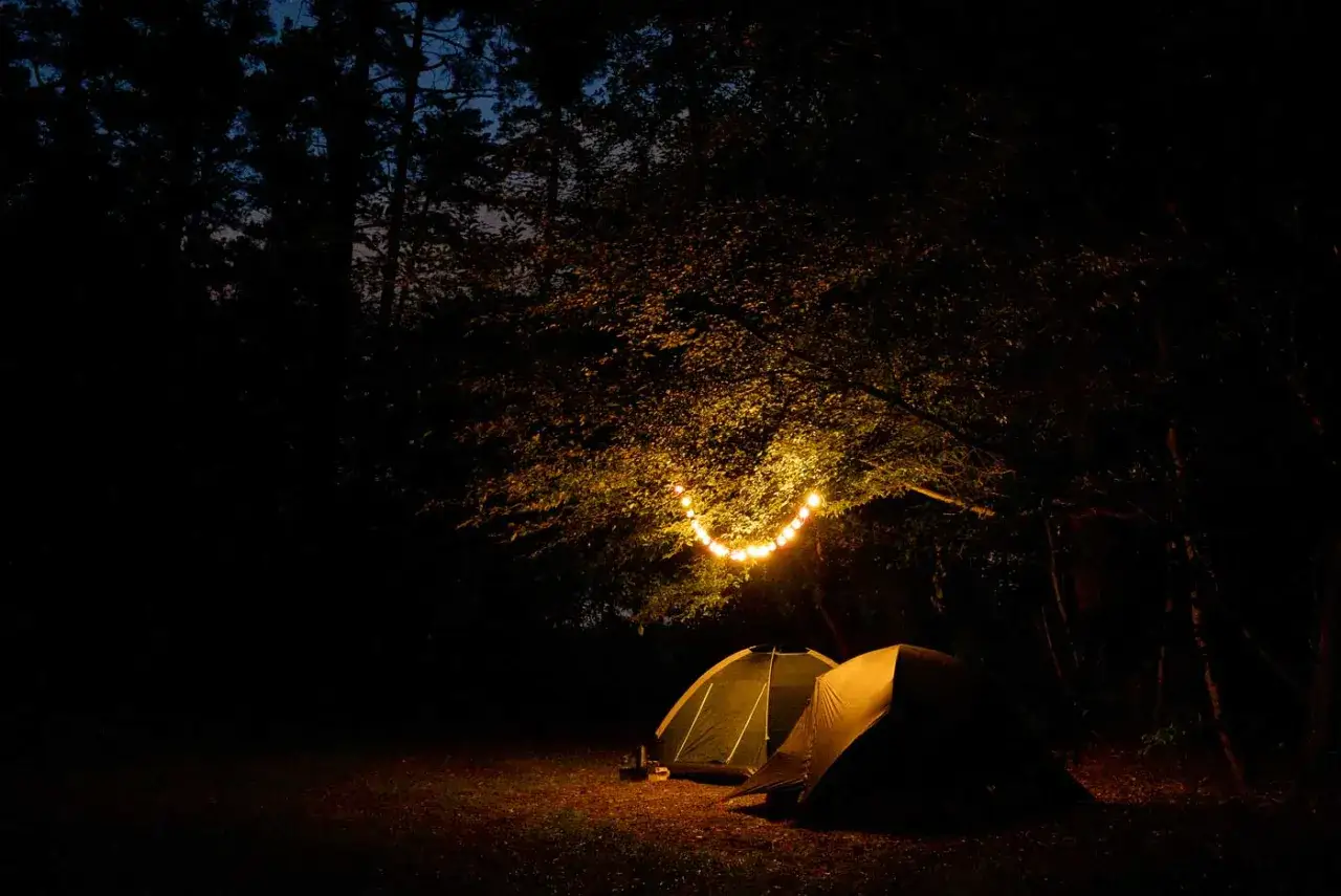 Nocne biwakowanie pod drzewem z girlandą świateł. Czy spanie w wiatach turystycznych w Sudetach jest dozwolone?