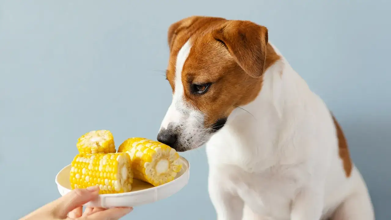 Un perro Jack Russell curioso huele un plato con trozos de maíz.