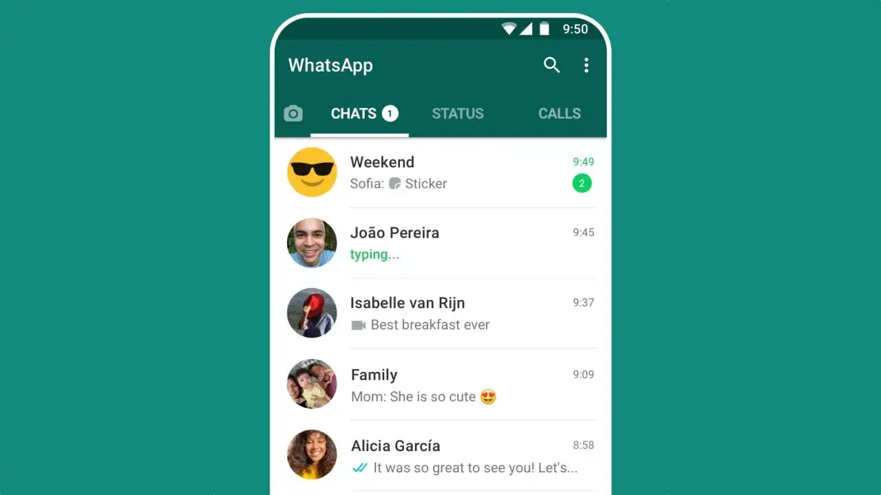 Ekran główny aplikacji WhatsApp, pokazujący listę czatów. Widzimy tu rozmowy z 