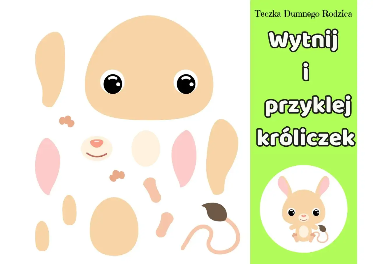 Proste wycinanki dla dzieci do druku: elementy do złożenia uroczego króliczka.