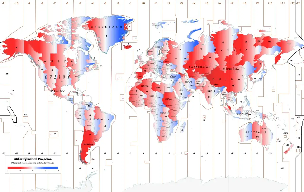 Mappa del fuso orario in inglese, con differenze tra ora solare e standard. Le zone rosse indicano un ritardo, quelle blu un anticipo.