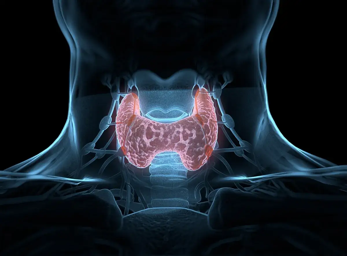 Widok anatomiczny szyi z podświetloną tarczycą. Gruczoł tarczycy znajduje się w dolnej części szyi, tuż pod krtanią.