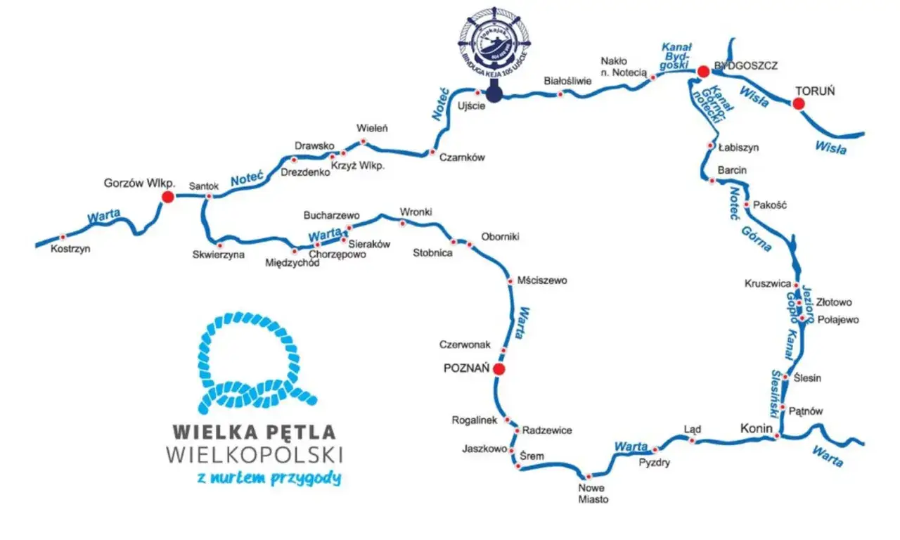 Mapa Wielkiej Pętli Wielkopolski z zaznaczonymi rzekami Wartą i Notecią, w tym dopływ Noteci.