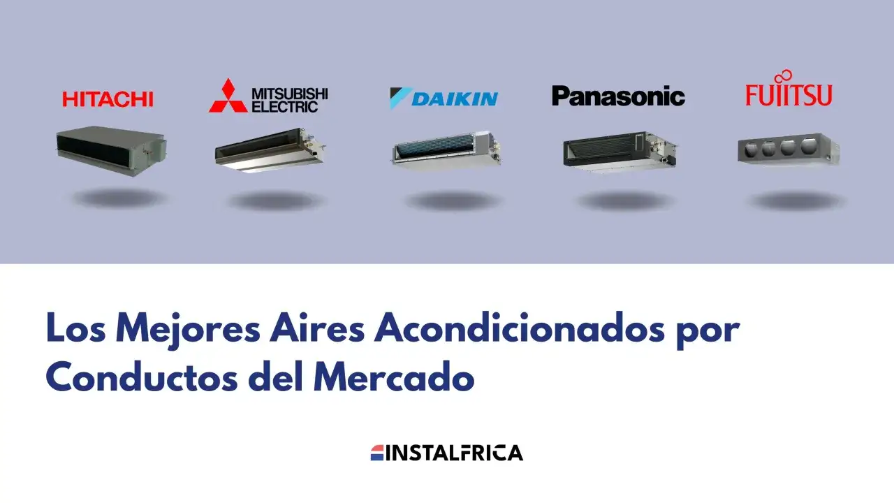 Unidades de aire acondicionado split o conductos de marcas como Hitachi, Mitsubishi, Daikin, Panasonic y Fujitsu.