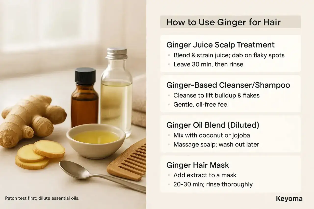 Raíz de jengibre, aceites y un peine de madera, sugiriendo usos del jengibre para el pelo.