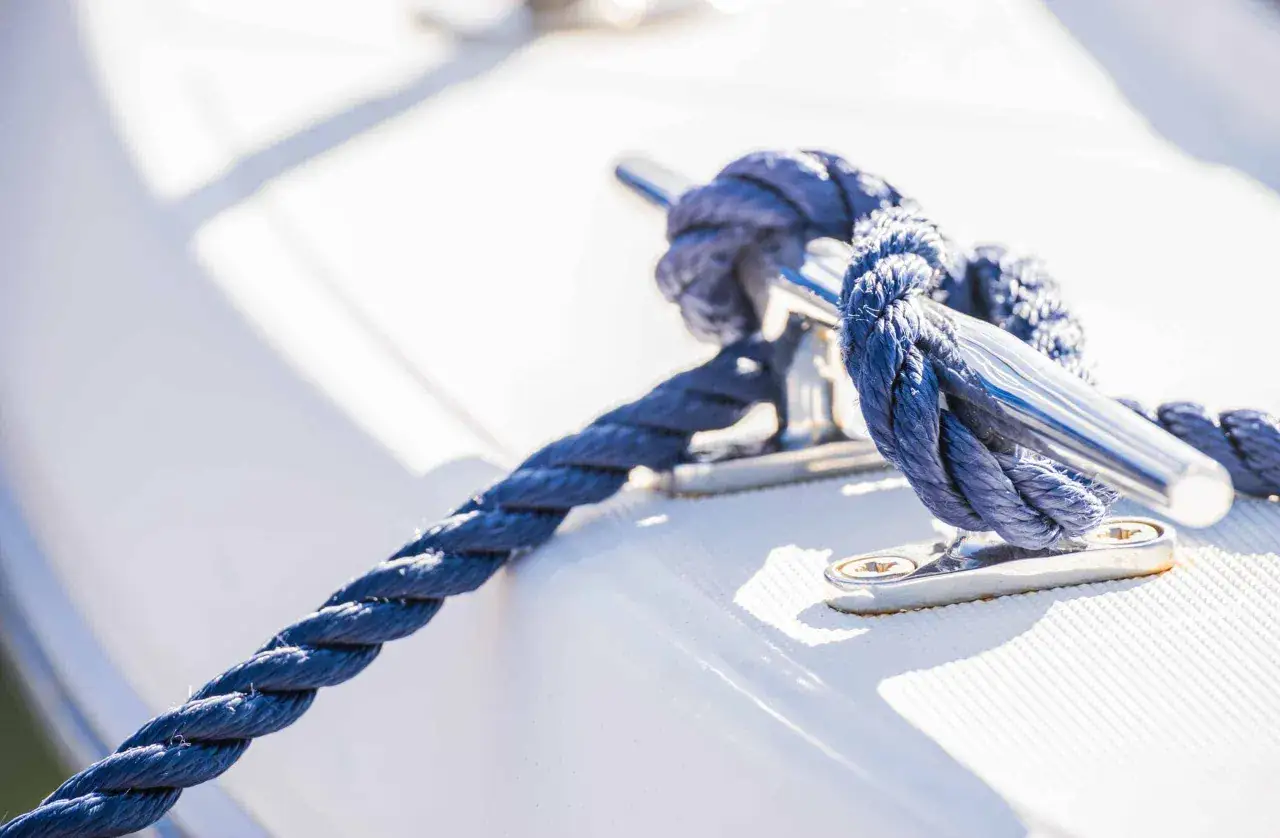 Ein dickes, blaues Seil ist sicher an einer Klampe auf einem wei&szlig;en Boot festgemacht.