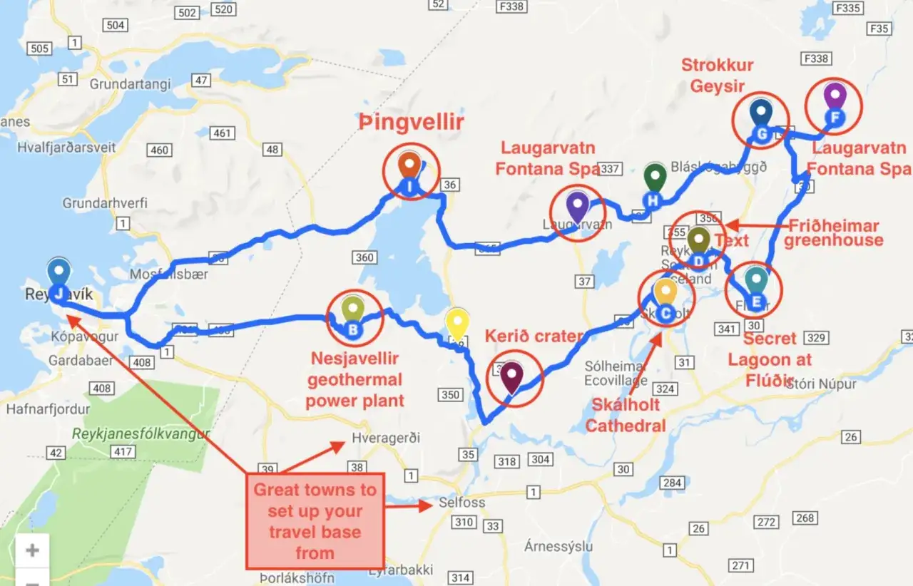 Mapa Islandii z trasą turystyczną, zaznaczone miejsca takie jak Reykjavík, Geysir, wodospady. Złoty krąg atrakcji.