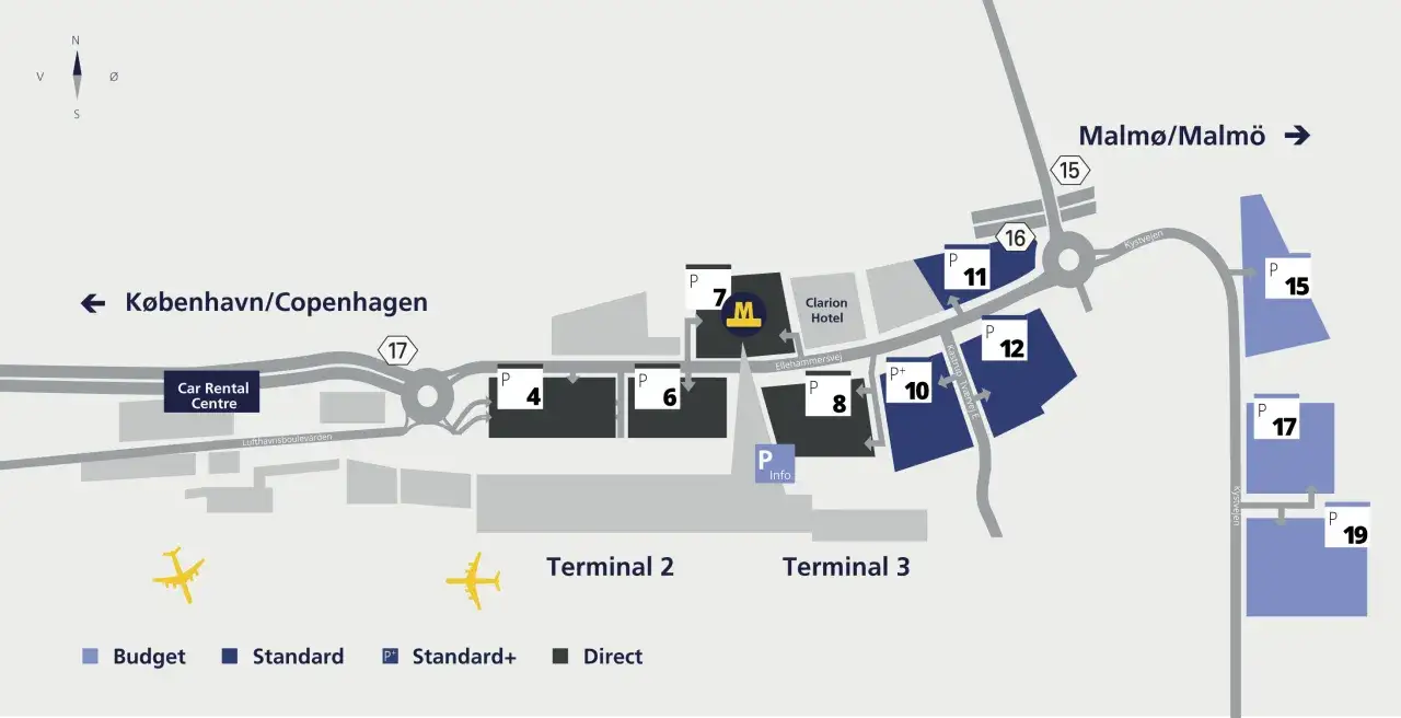 Karta &ouml;ver Malm&ouml; Airport med v&auml;gbeskrivning till K&ouml;penhamn/Kastrup. Visar terminaler, parkeringar och v&auml;gar.